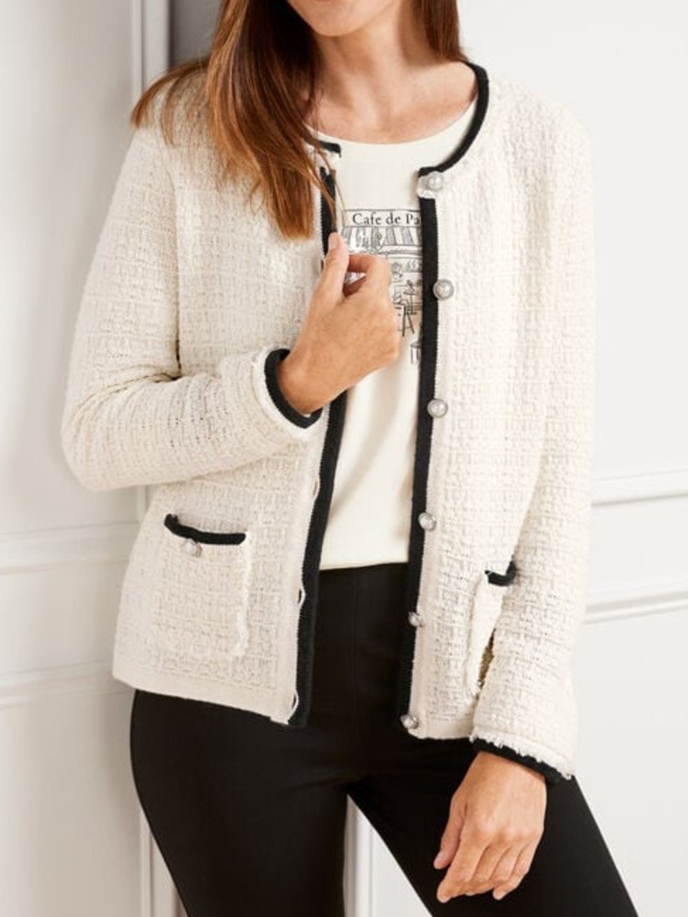 Talbots Wool Fringe Tweed Cardigan Sweater Ivory White Black Size XS Petite